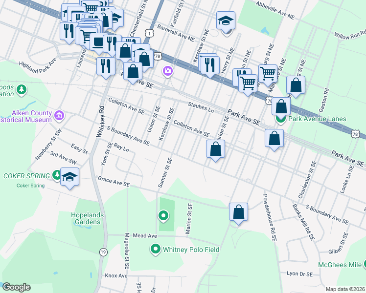 map of restaurants, bars, coffee shops, grocery stores, and more near 621 Colleton Avenue Southeast in Aiken