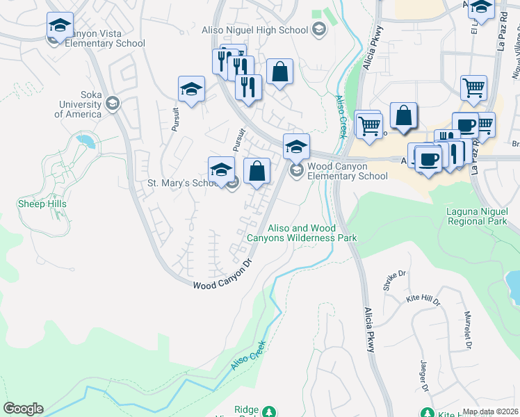 map of restaurants, bars, coffee shops, grocery stores, and more near 199 Las Flores in Aliso Viejo