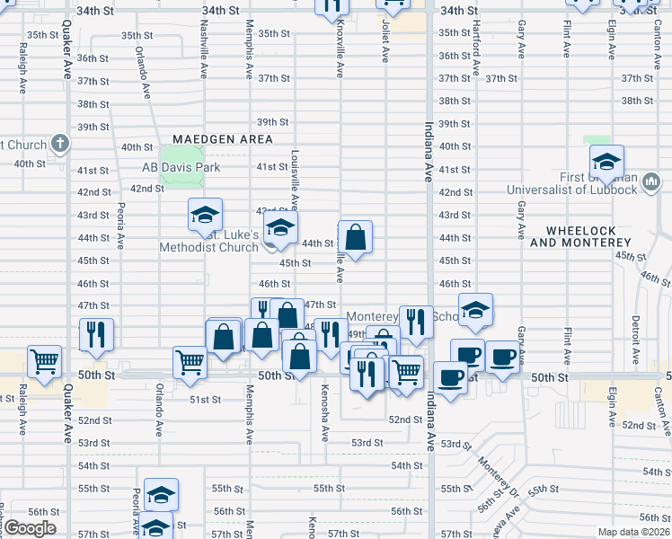 map of restaurants, bars, coffee shops, grocery stores, and more near 3516 45th Street in Lubbock