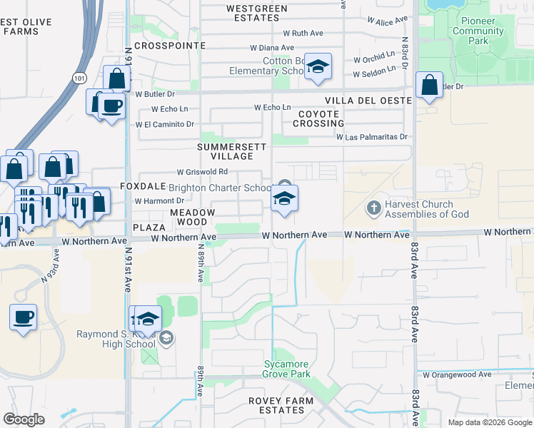 map of restaurants, bars, coffee shops, grocery stores, and more near 8081 North 87th Drive in Peoria