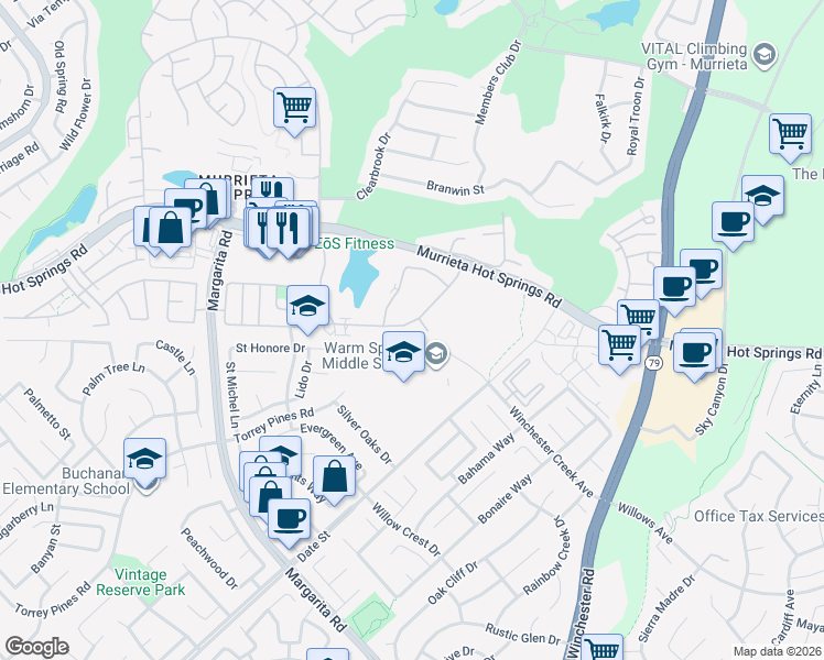 map of restaurants, bars, coffee shops, grocery stores, and more near 28878 Calle Del Lago in Murrieta
