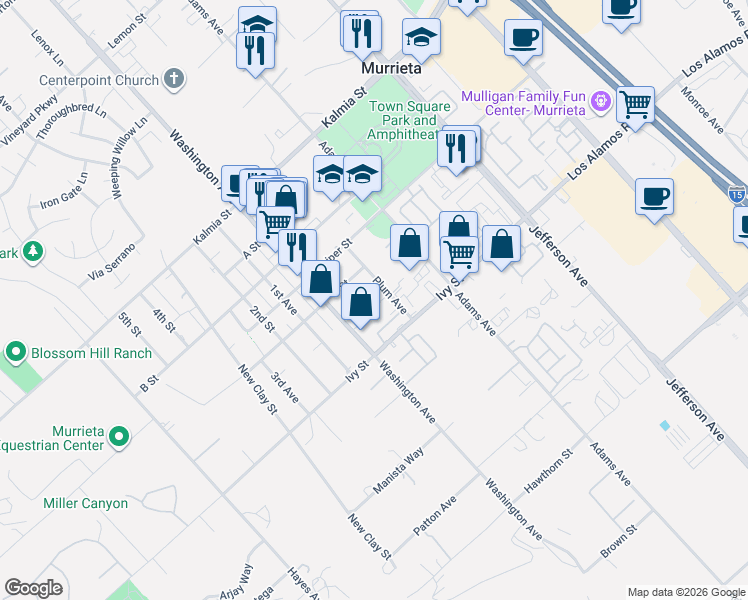 map of restaurants, bars, coffee shops, grocery stores, and more near 24903 Plum Avenue in Murrieta