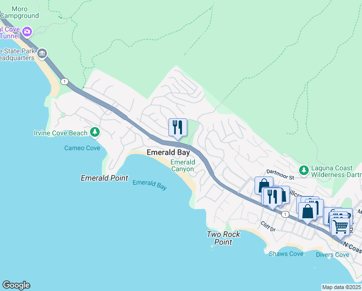 map of restaurants, bars, coffee shops, grocery stores, and more near 829 Emerald Bay in Laguna Beach