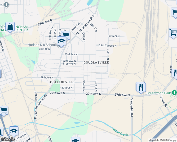 map of restaurants, bars, coffee shops, grocery stores, and more near 3017 33rd Way North in Birmingham