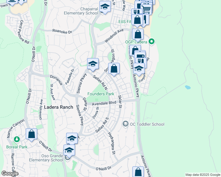 map of restaurants, bars, coffee shops, grocery stores, and more near 14 Delphinium Street in Ladera Ranch