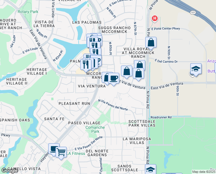 map of restaurants, bars, coffee shops, grocery stores, and more near 7975 Hayden Road in Scottsdale