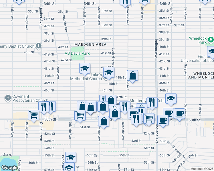 map of restaurants, bars, coffee shops, grocery stores, and more near 3707 45th Street in Lubbock
