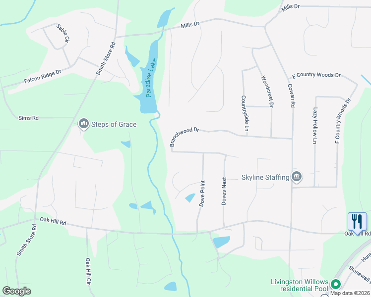 map of restaurants, bars, coffee shops, grocery stores, and more near 275 Branchwood Drive in Covington