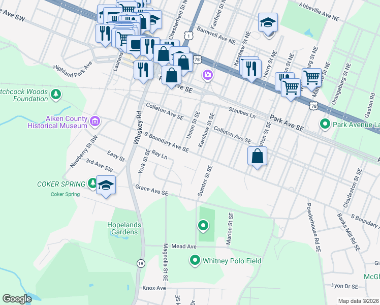 map of restaurants, bars, coffee shops, grocery stores, and more near 419 South Boundary Avenue Southeast in Aiken