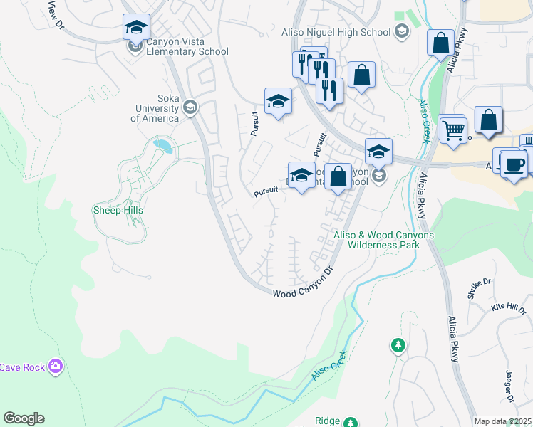 map of restaurants, bars, coffee shops, grocery stores, and more near 3 Pursuit in Aliso Viejo