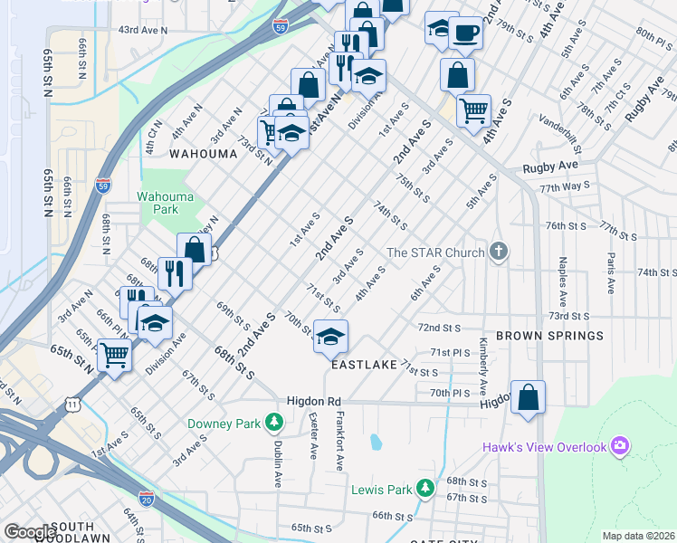 map of restaurants, bars, coffee shops, grocery stores, and more near 230 72nd Street South in Birmingham