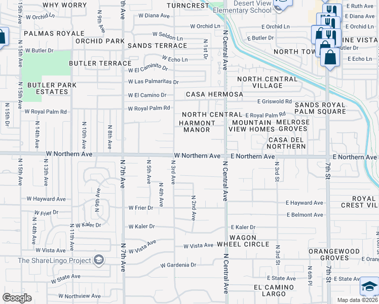 map of restaurants, bars, coffee shops, grocery stores, and more near 130 West Northern Avenue in Phoenix
