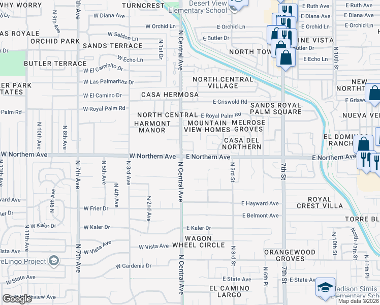 map of restaurants, bars, coffee shops, grocery stores, and more near 13 East Manzanita Drive in Phoenix