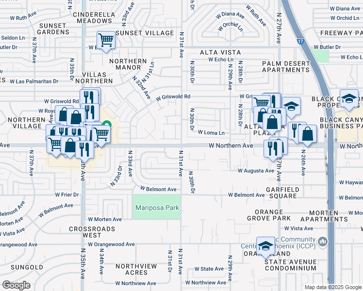 map of restaurants, bars, coffee shops, grocery stores, and more near W Northern Ave & N 31st Ave in Phoenix