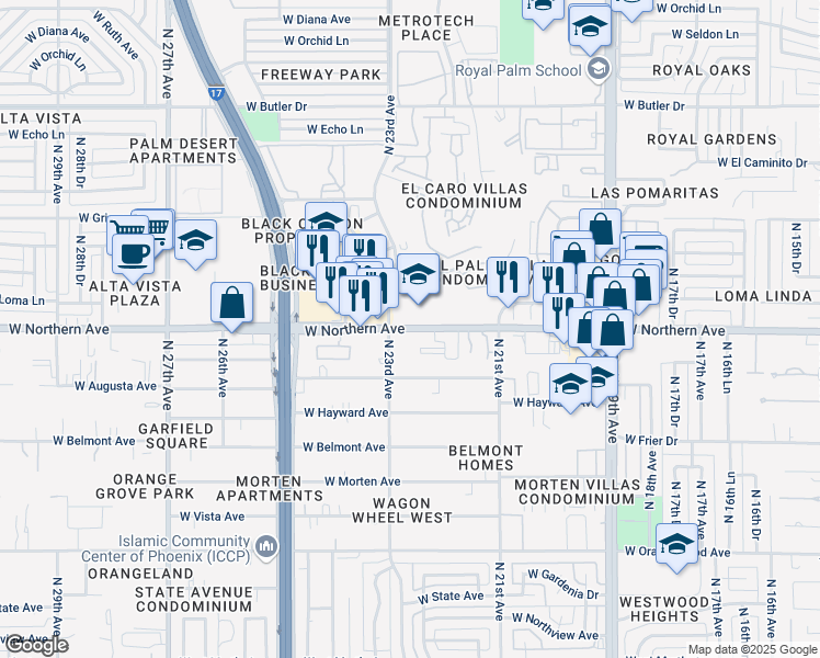map of restaurants, bars, coffee shops, grocery stores, and more near 2233 West Northern Avenue in Phoenix
