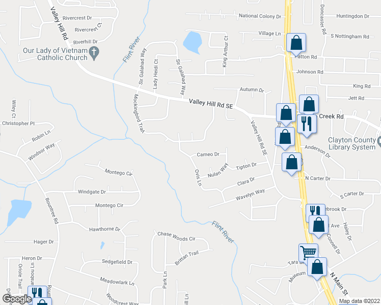 map of restaurants, bars, coffee shops, grocery stores, and more near 368 Cameo Drive in Riverdale