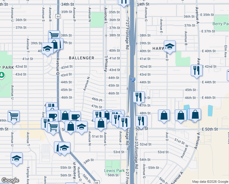 map of restaurants, bars, coffee shops, grocery stores, and more near 4502 Avenue J in Lubbock