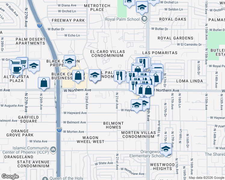 map of restaurants, bars, coffee shops, grocery stores, and more near West Northern Avenue in Phoenix