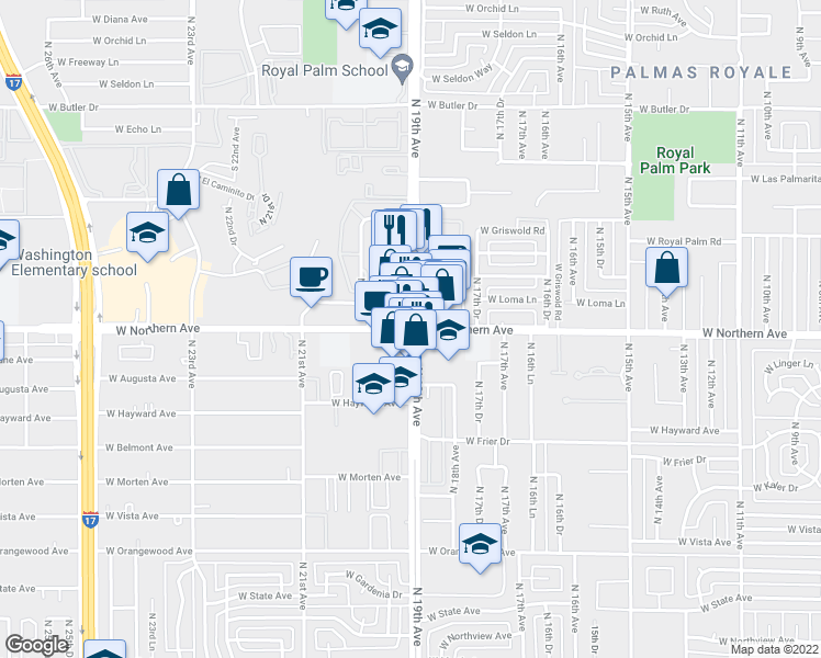 map of restaurants, bars, coffee shops, grocery stores, and more near W Northern Ave & N 19th Ave in Phoenix