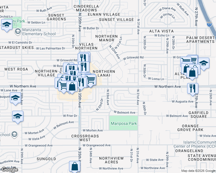 map of restaurants, bars, coffee shops, grocery stores, and more near W Northern Ave & N 33rd Ave in Phoenix