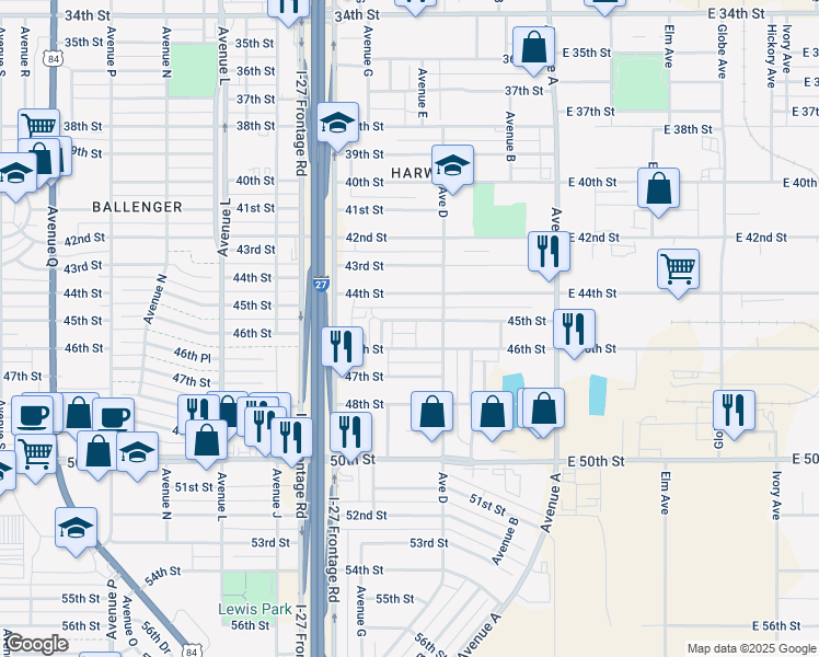 map of restaurants, bars, coffee shops, grocery stores, and more near 502 44th Street in Lubbock