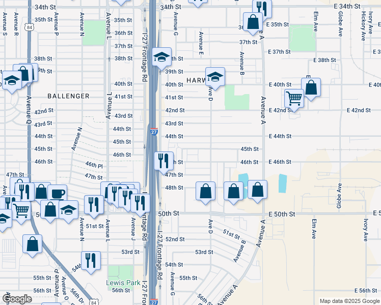 map of restaurants, bars, coffee shops, grocery stores, and more near 518 45th St in Lubbock