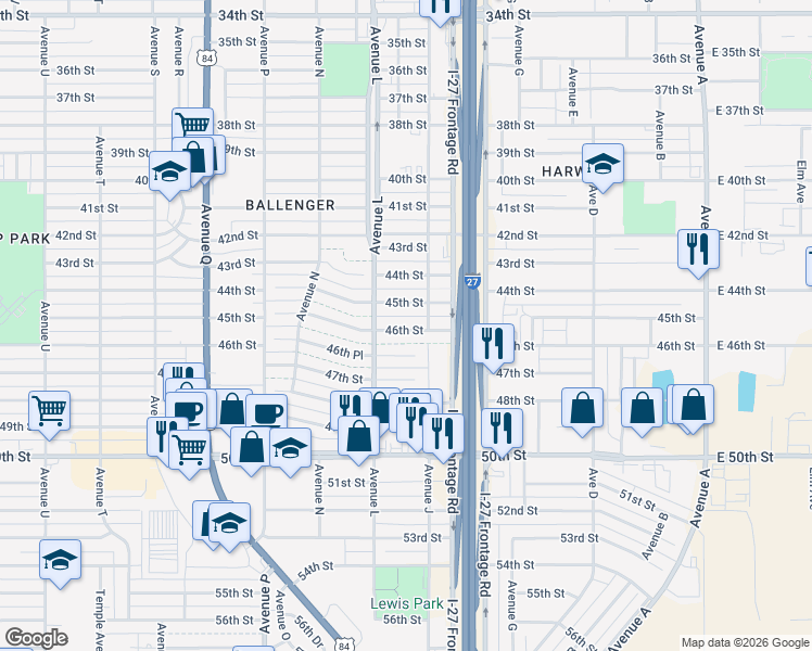 map of restaurants, bars, coffee shops, grocery stores, and more near 4502 Avenue J in Lubbock