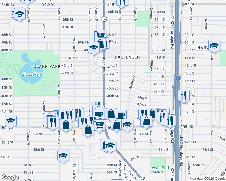 map of restaurants, bars, coffee shops, grocery stores, and more near 1615 45th Street in Lubbock