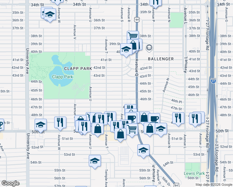 map of restaurants, bars, coffee shops, grocery stores, and more near 1902 45th Street in Lubbock