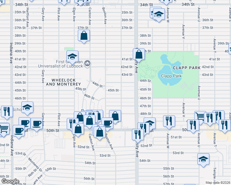 map of restaurants, bars, coffee shops, grocery stores, and more near 2614 45th Street in Lubbock