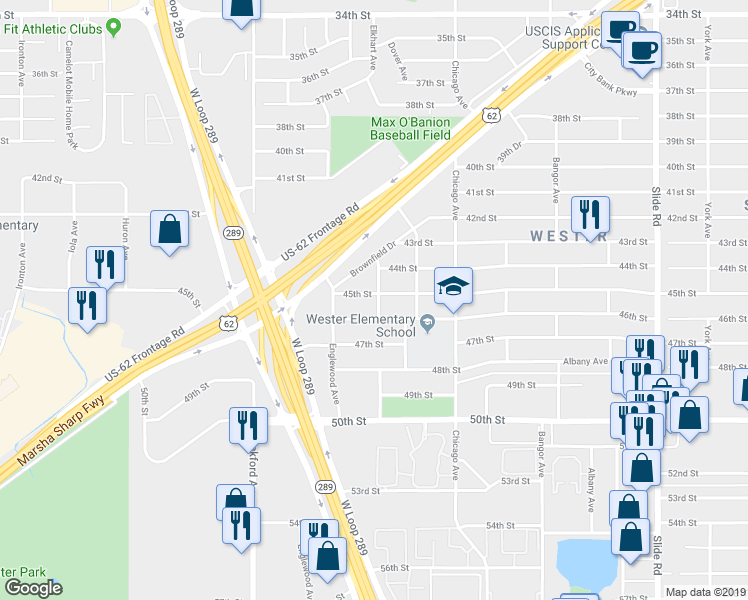 map of restaurants, bars, coffee shops, grocery stores, and more near 5610 45th Street in Lubbock