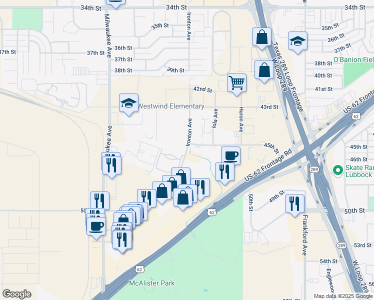map of restaurants, bars, coffee shops, grocery stores, and more near 4502-4510 Ironton Avenue in Lubbock