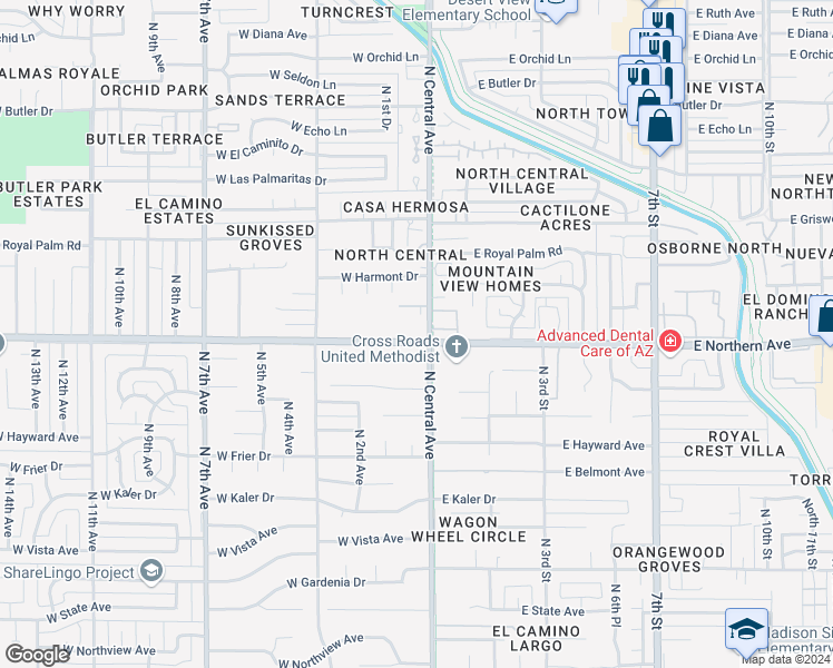 map of restaurants, bars, coffee shops, grocery stores, and more near 8000 North Central Avenue in Phoenix