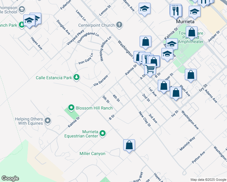 map of restaurants, bars, coffee shops, grocery stores, and more near 24605 New Clay Street in Murrieta