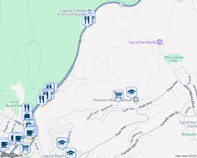 map of restaurants, bars, coffee shops, grocery stores, and more near 406 Canyon Acres Drive in Laguna Beach