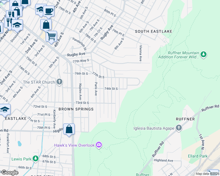 map of restaurants, bars, coffee shops, grocery stores, and more near 7413 Rome Avenue in Birmingham