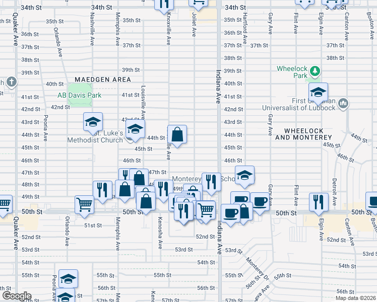 map of restaurants, bars, coffee shops, grocery stores, and more near 3503 45th Street in Lubbock