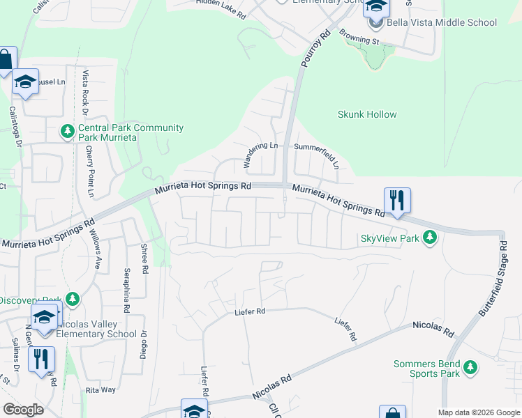 map of restaurants, bars, coffee shops, grocery stores, and more near 31344 Polo Creek Drive in Temecula