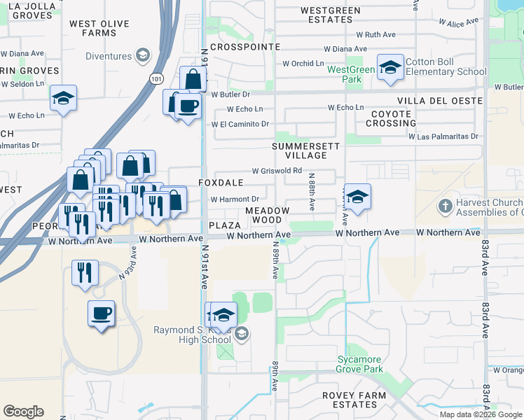 map of restaurants, bars, coffee shops, grocery stores, and more near 8101 North 89th Drive in Peoria