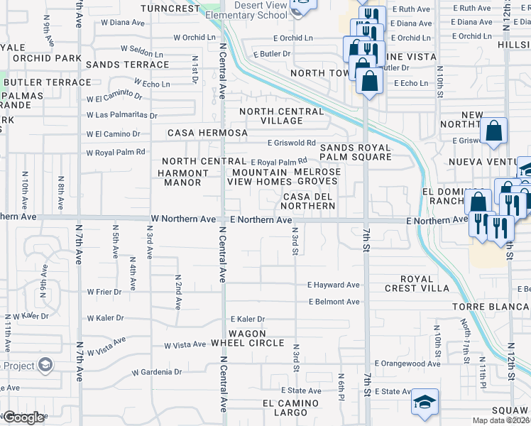 map of restaurants, bars, coffee shops, grocery stores, and more near 120 East Northern Avenue in Phoenix