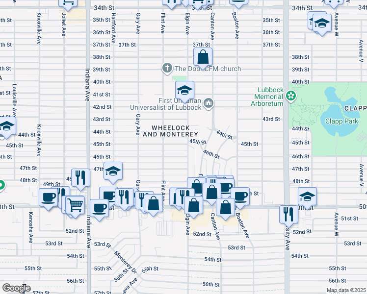 map of restaurants, bars, coffee shops, grocery stores, and more near 3003 45th Street in Lubbock