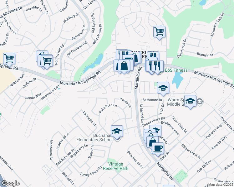 map of restaurants, bars, coffee shops, grocery stores, and more near 39546 Montebello Way in Murrieta