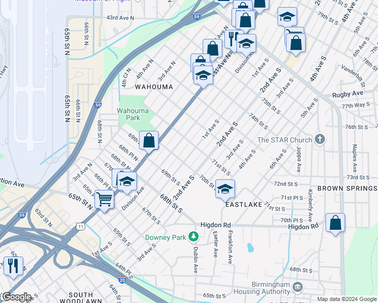 map of restaurants, bars, coffee shops, grocery stores, and more near 7020 1st Avenue South in Birmingham