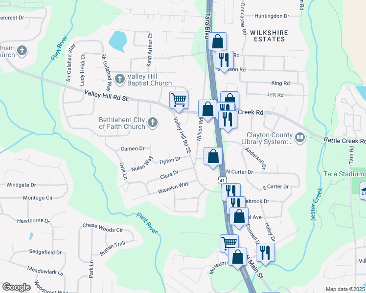 map of restaurants, bars, coffee shops, grocery stores, and more near 544 Valley Hill Road Southeast in Riverdale