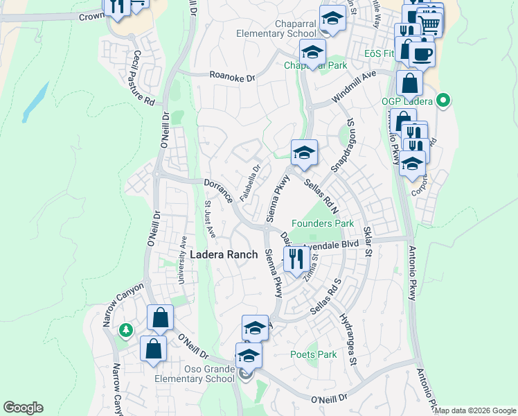 map of restaurants, bars, coffee shops, grocery stores, and more near 56 Glenalmond Lane in Mission Viejo
