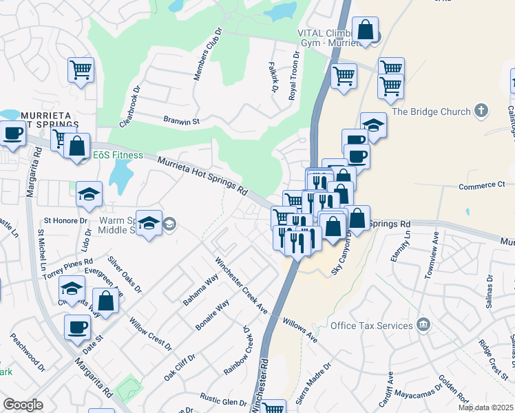map of restaurants, bars, coffee shops, grocery stores, and more near 39621 Delhaven Street in Murrieta