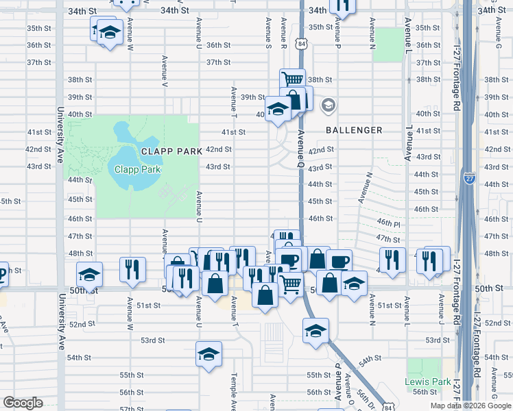 map of restaurants, bars, coffee shops, grocery stores, and more near 1902 45th Street in Lubbock