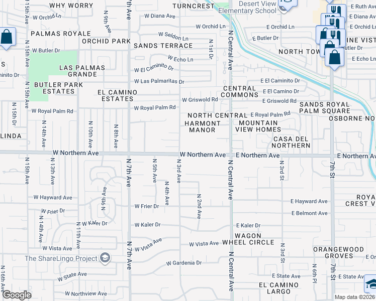 map of restaurants, bars, coffee shops, grocery stores, and more near 130 West Northern Avenue in Phoenix