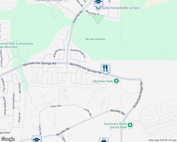 map of restaurants, bars, coffee shops, grocery stores, and more near 39052 Rimrock Ranch Road in Temecula