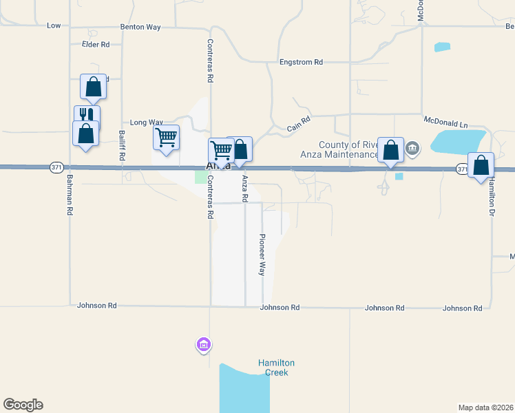 map of restaurants, bars, coffee shops, grocery stores, and more near 56575 Valley View Lane in Anza